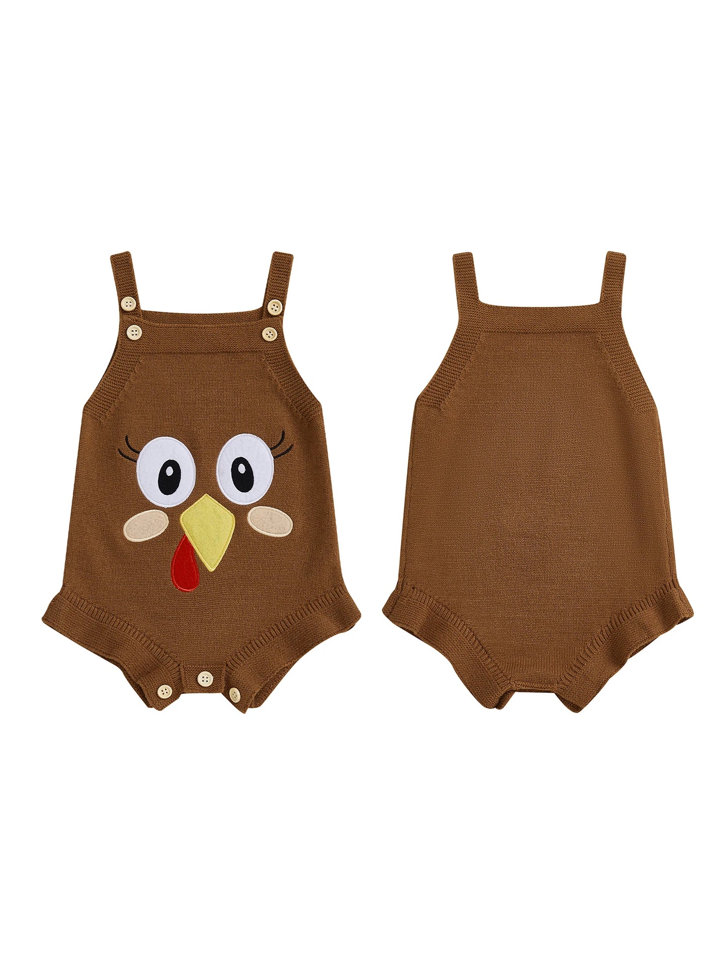Baby Girl Thanksgiving Knit Romper Cute Turkey Print Square Neck Sleeveless Infant Jumpsuit Overalls