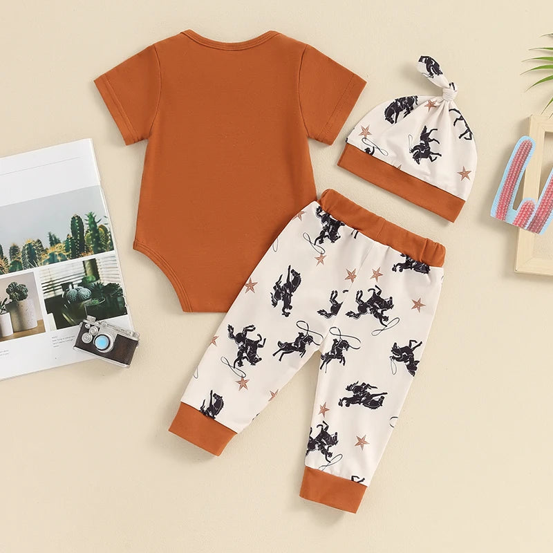 Baby Boy 3Pcs Outfit Yee-Haw Short Sleeve Romper Elastic Waist Star Cowboy Print Pants Hat Clothes Set