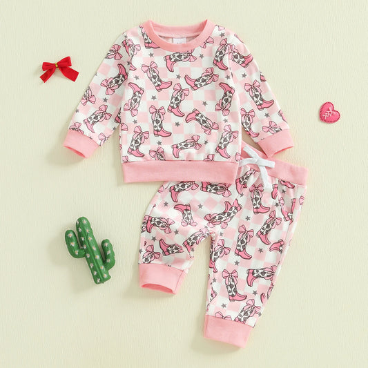 Baby Toddler Girls 2Pcs Western Outfit Boot Plaid Print Long Sleeve Top and Elastic Pants Jogger Set