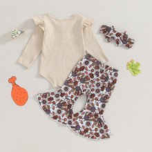 Load image into Gallery viewer, Baby Girl 3Pcs Thanksgiving Clothes Flying Sleeve Crewneck Romper Turkey Pattern Flare Pants Bow Headband Outfit Set
