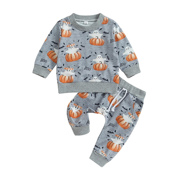 Baby Toddler Boy Girl 2Pcs Halloween Clothes Pumpkin Boo Ghost Print Long Sleeve Top Pants Outfit