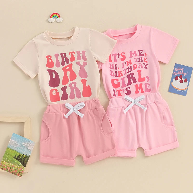 Baby Toddler Girls 2Pcs Birthday Set Short Sleeve Crew Neck Birthday Girl / It's Me Hi I'm The Birthday Girl It's Me Letters Print Top with Shorts Outfit