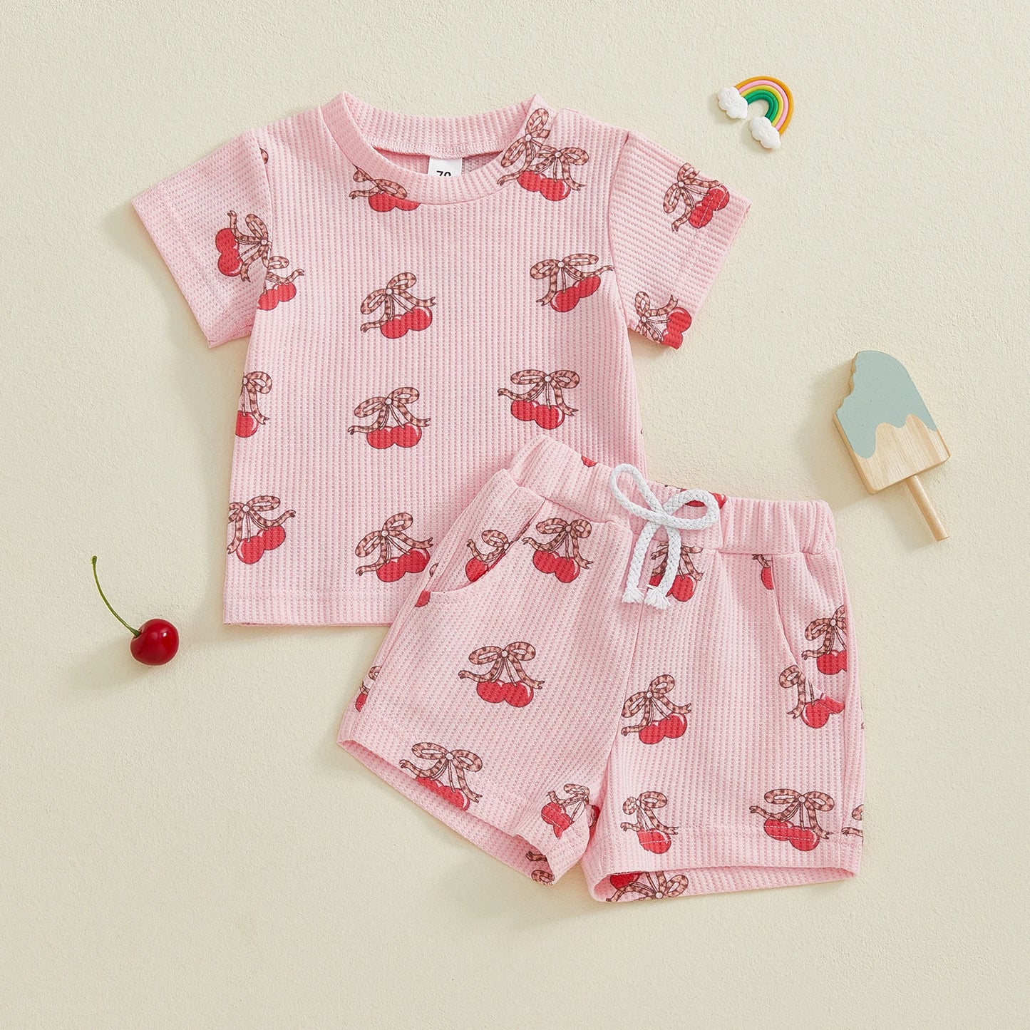 Baby Toddler Girls 2Pcs Outfits Fashionable Bow Cherry Print Short Sleeve Round Neck Top and Shorts Set