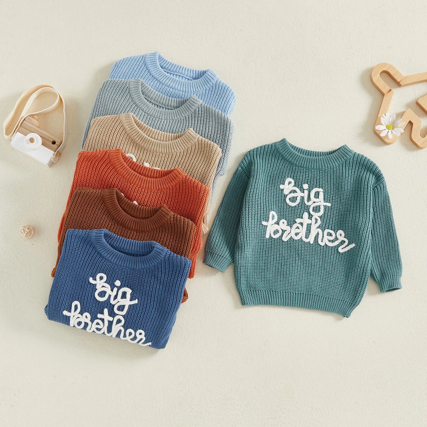 Toddler Boy Big Brother Fall Sweater Letter Embroidered Crewneck Long Sleeve Pullover Chunky Knit Tops