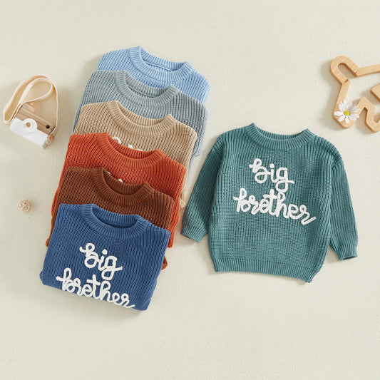 Toddler Boy Big Brother Fall Sweater Letter Embroidered Crewneck Long Sleeve Pullover Chunky Knit Tops