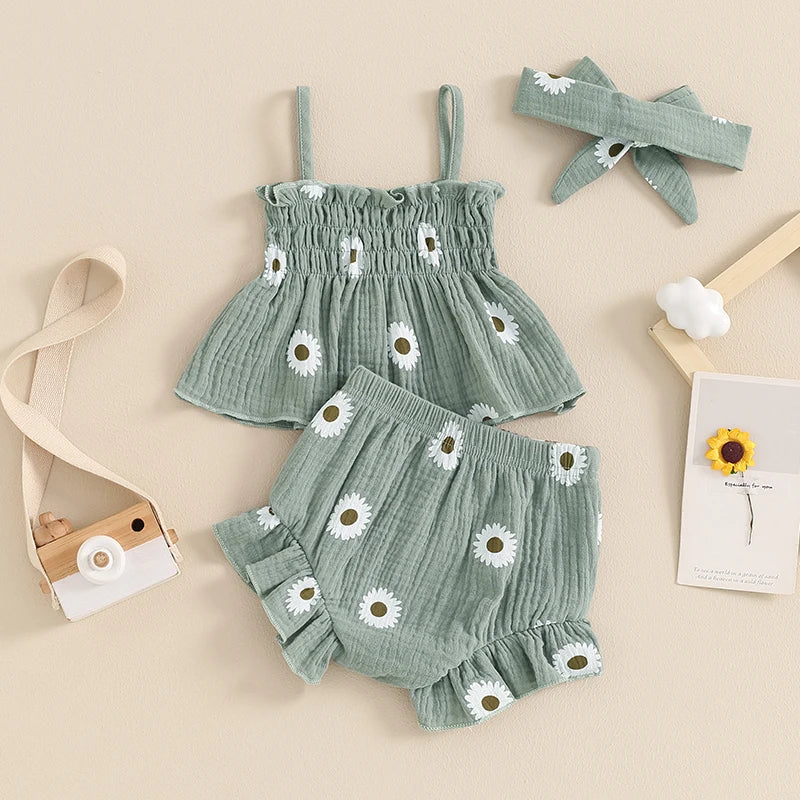 Baby Girls 3Pcs Shorts Set Spaghetti Straps Pleated Flower Print Camisole Top with Shorts Hairband Summer Outfit