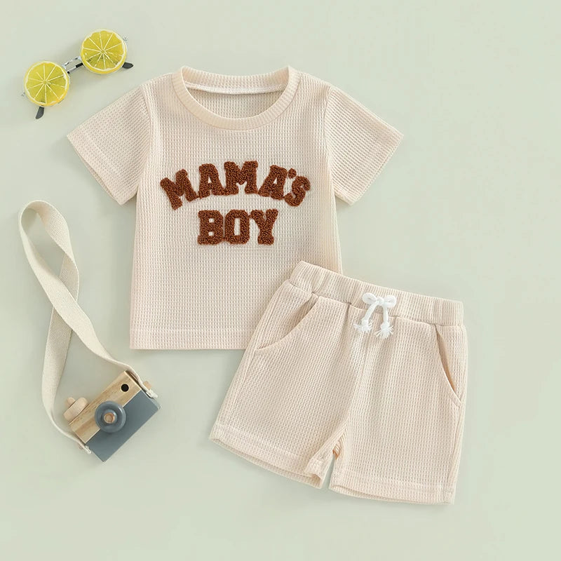 Baby Toddler Boy 2Pcs Mama's Boy Letter Embroidery Short Sleeve Top Matching Shorts Set Waffle Outfit