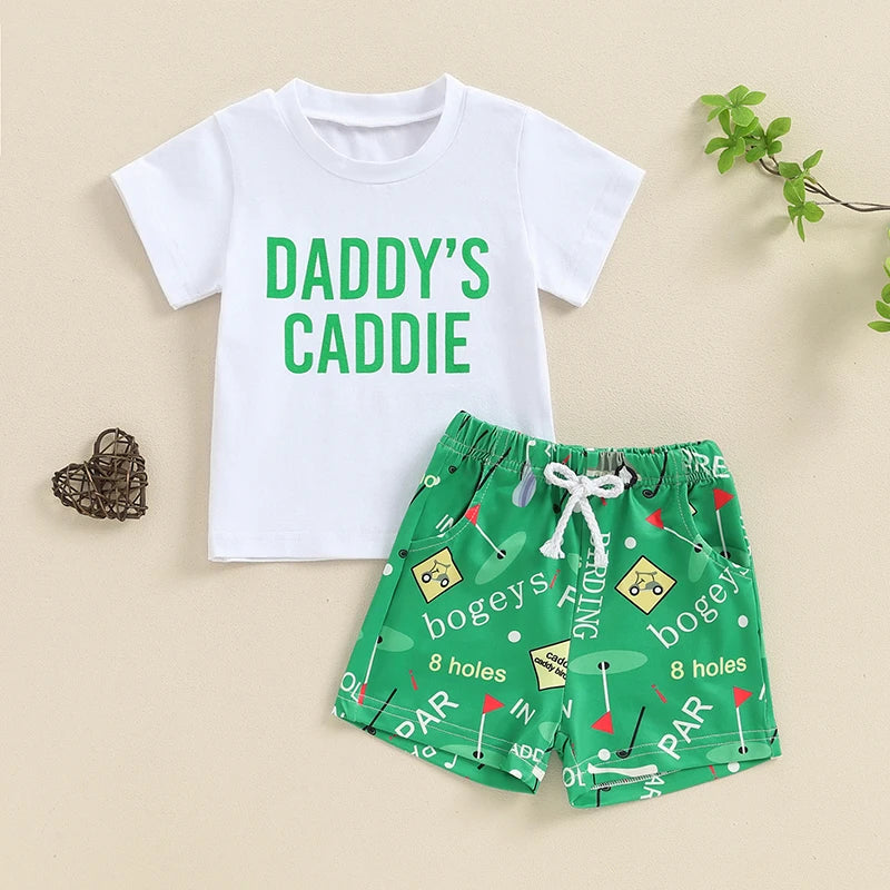 Baby Toddler Boys 2Pcs Daddy's Caddie Summer Outfit Letter Print Short Sleeve Top with Elastic Waist Golf Pattern Shorts Clothes Set