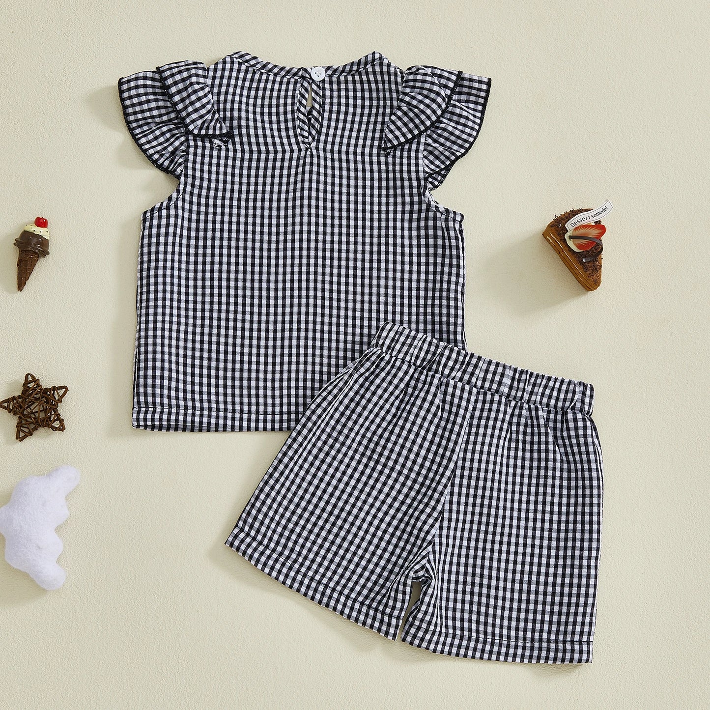 Baby Toddler Girls 2Pcs Plaid Outfit Fashionable Cute Flying Sleeve Top with Shorts Clothing Set