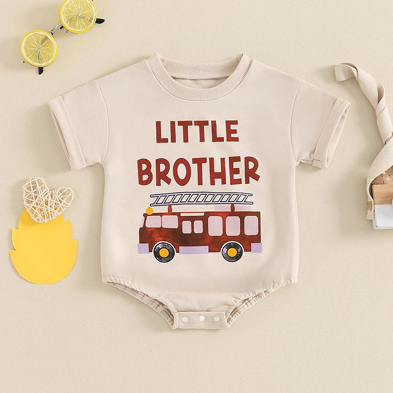 Baby Boy Summer Romper Little Brother Short Sleeve Round Neck Fire Truck Tractor Letter Print Bodysuit