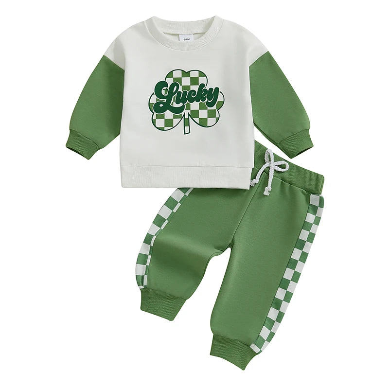 Baby Toddler Boys 2Pcs Lucky St. Patrick's Day Outfit Letter Checkered Long Sleeve Crewneck Top and Pants Jogger Set