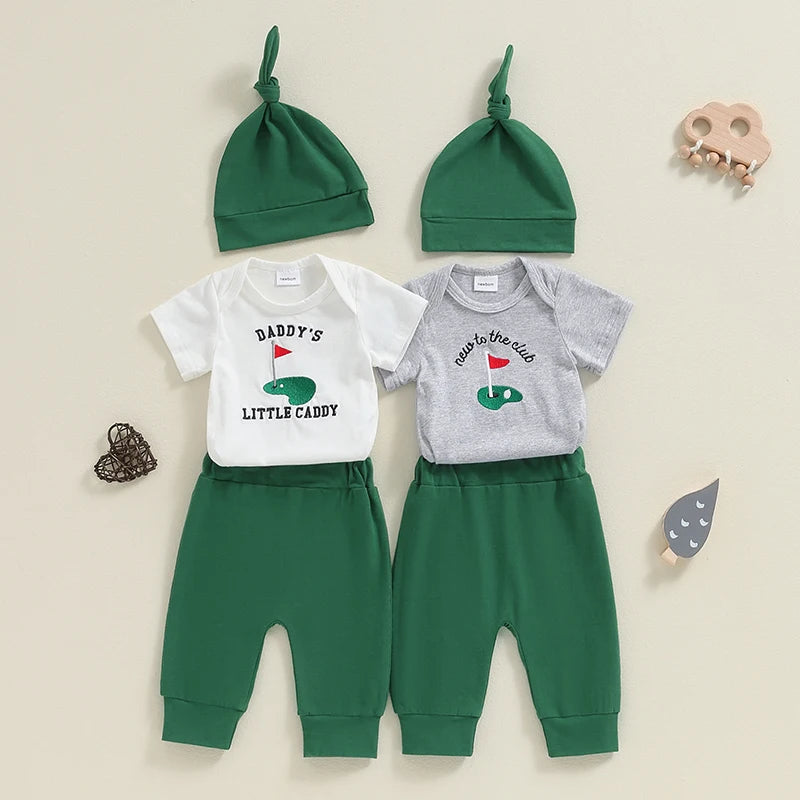 Baby Boys 3Pcs Daddy's Little Caddy / New To The Club Golf Outfit Short Sleeve Embroidery Romper + Pants + Hat Set