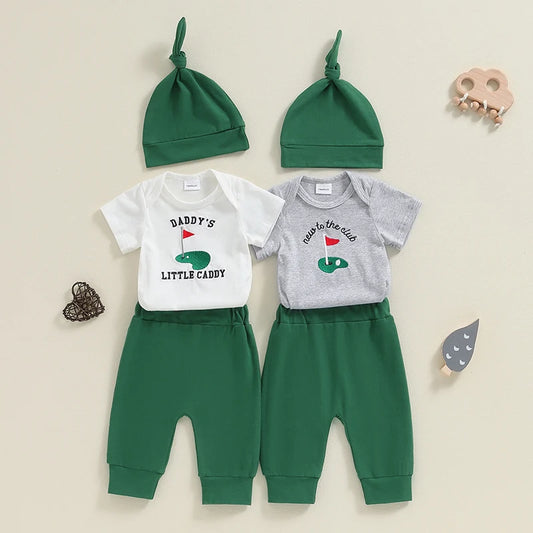 Baby Boys 3Pcs Daddy's Little Caddy / New To The Club Golf Outfit Short Sleeve Embroidery Romper + Pants + Hat Set