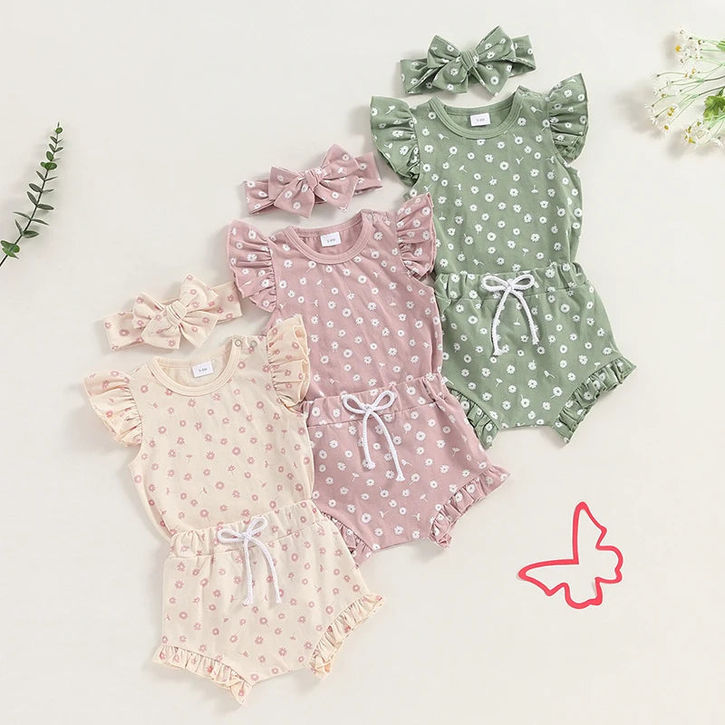 3pcs Baby Girl Cotton Short-sleeve Rabbit Print Bowknot Romper and Floral Print Ruffle Shorts with Headband Set