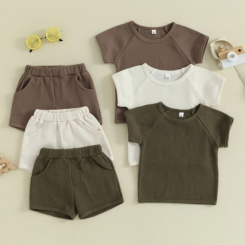 Baby Toddler Kids Boys Girls 2Pcs Set Waffle Solid Short Sleeve Top with Elastic Waist Shorts Summer Outfit