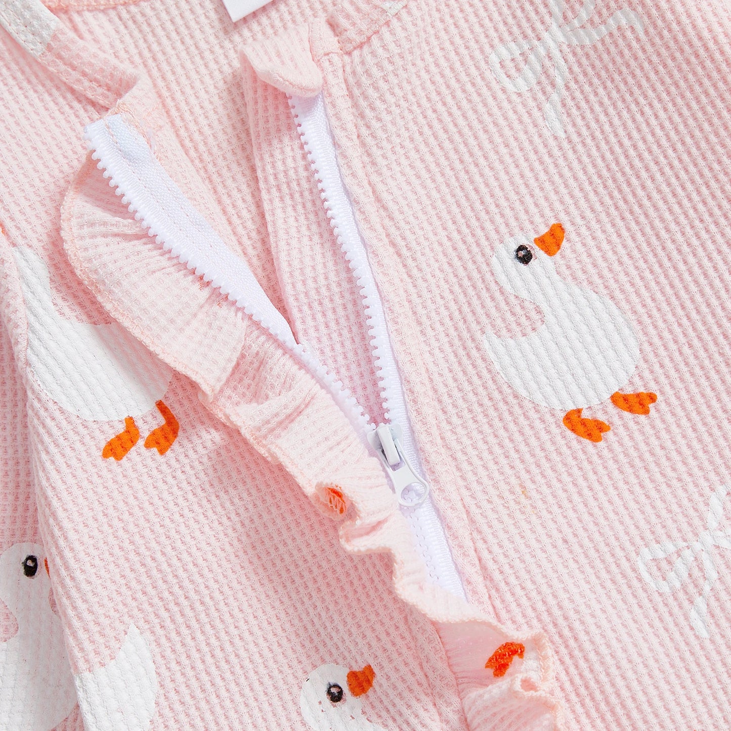 Baby Girls 2Pcs Fall Waffled Zipper Romper Bow Goose Animal Print Long Sleeve Round Neck Zip Up Jumpsuit with Headband Set