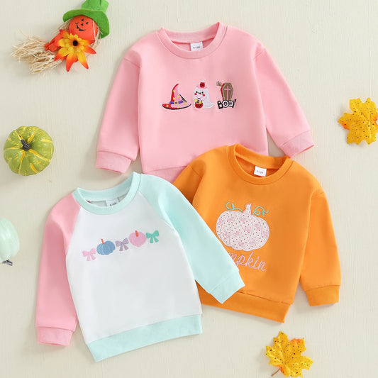 Baby Toddler Boys Girls Long Sleeve Pumpkin/Ghost/Christmas Tree Embroidery Crew Neck Top