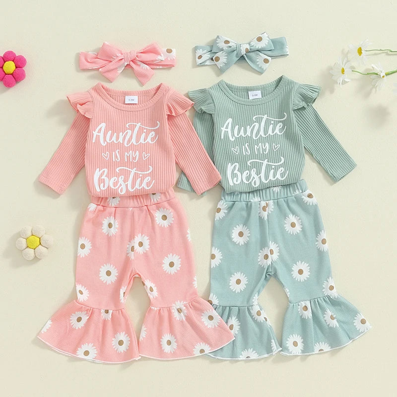 Baby Girls 3Pcs Auntie Is My Bestie Fall Outfit Letter Print Long Sleeve Romper and Elastic Daisy Flower Flared Pants Headband Set