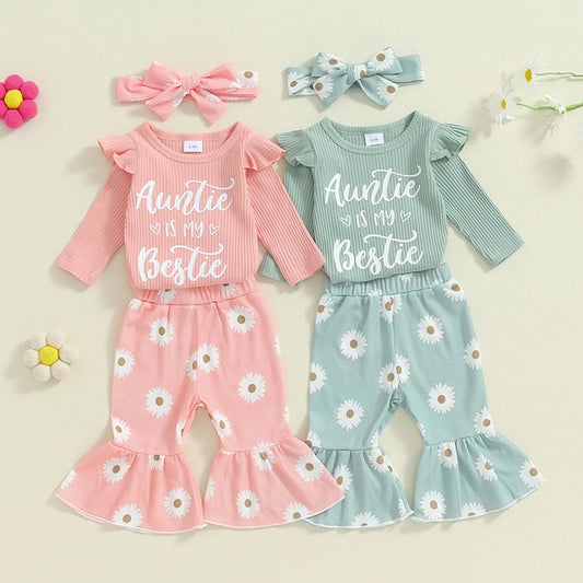 Baby Girls 3Pcs Auntie Is My Bestie Fall Outfit Letter Print Long Sleeve Romper and Elastic Daisy Flower Flared Pants Headband Set