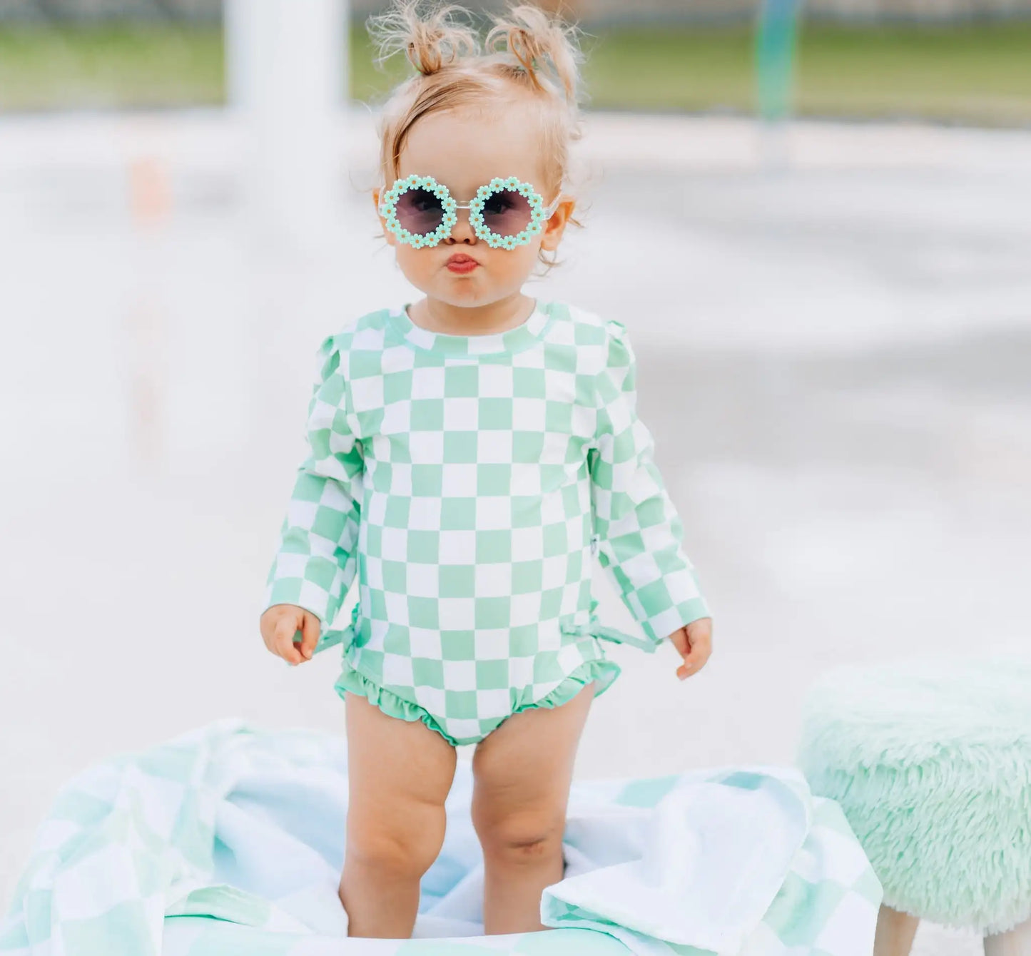 Baby Toddler Girls Beach Swimwear Long Sleeve Checkerboard Plaid Print Ruffle Romper Bathing Suit