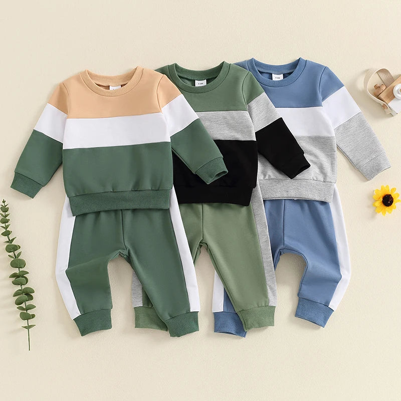 Baby Toddler Boys 2Pcs Long Sleeve Round Neck Top Drawstring Long Pants Contrast Color Outfit Set