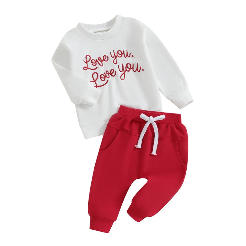 Baby Toddler Boy Girl 2Pcs Valentine's Day Clothes Love You Letter Embroidery Long Sleeve Top with Solid Color Pants Outfit Set