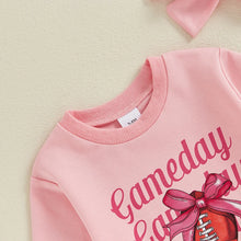 Load image into Gallery viewer, Baby Girls 2Pcs Gameday Football Letter Bow Print Long Sleeve Bubble Romper Headband Outfit Set
