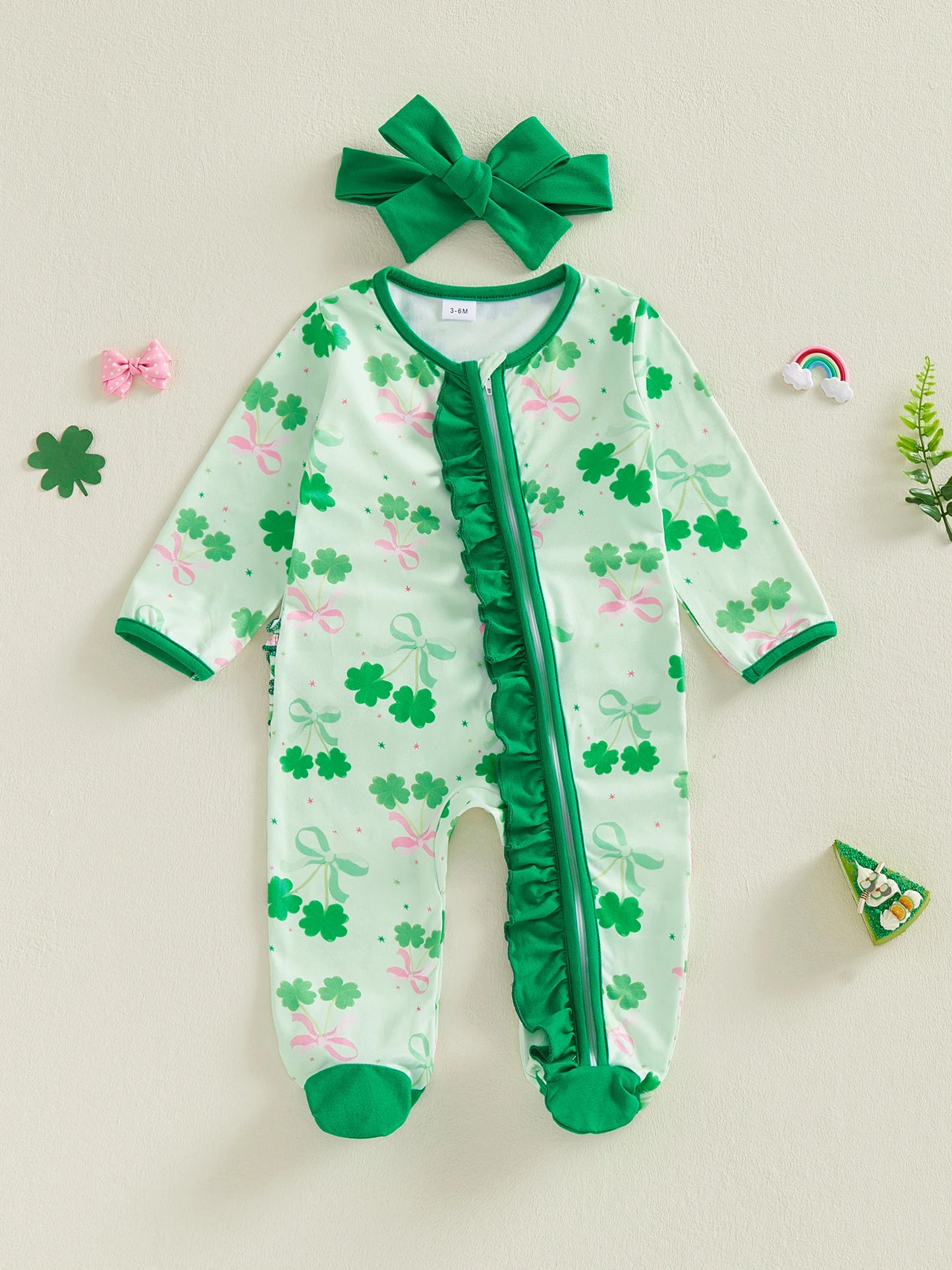 Baby Girl 2Pcs St. Patrick's Day Jumpsuit Long Sleeve O Neck Bow Clover Print Zipper Footed Romper with Headband Set