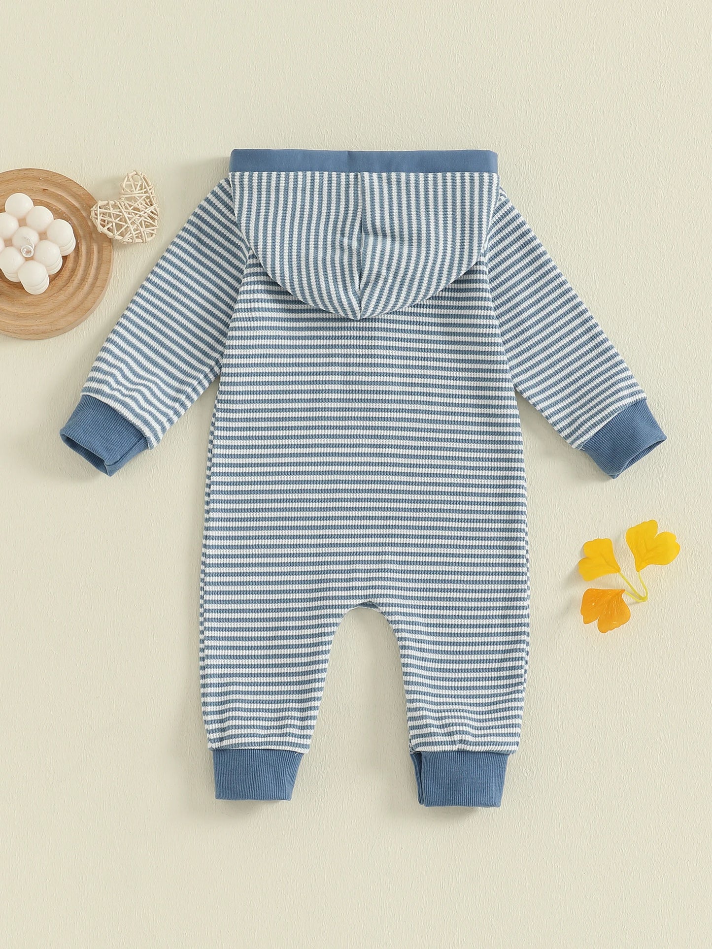 Baby Boy Striped Fall Romper Half Button-up Long Sleeve Hooded Jumpsuit Cute Waffle Clothes