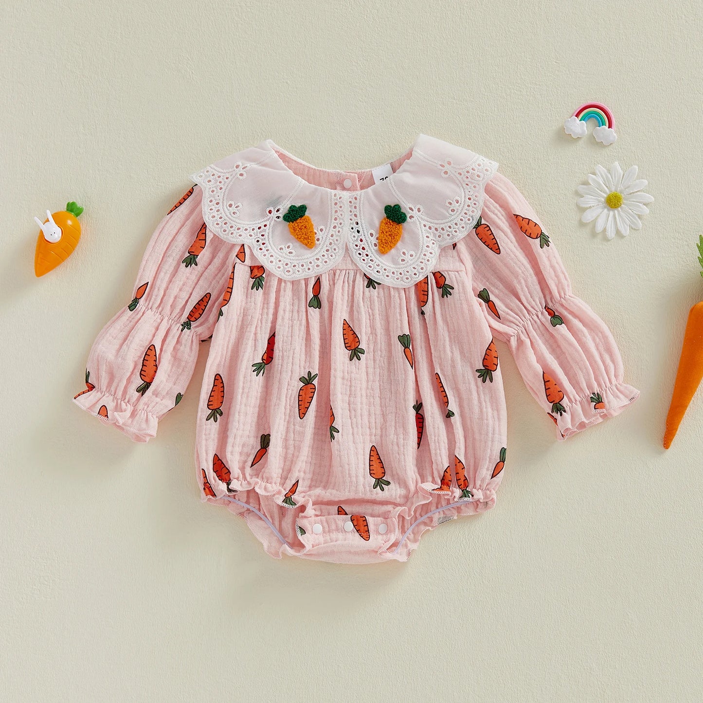 Baby Girl Easter Romper Long Sleeve Doll Collar Carrot Print Bubble Jumpsuit