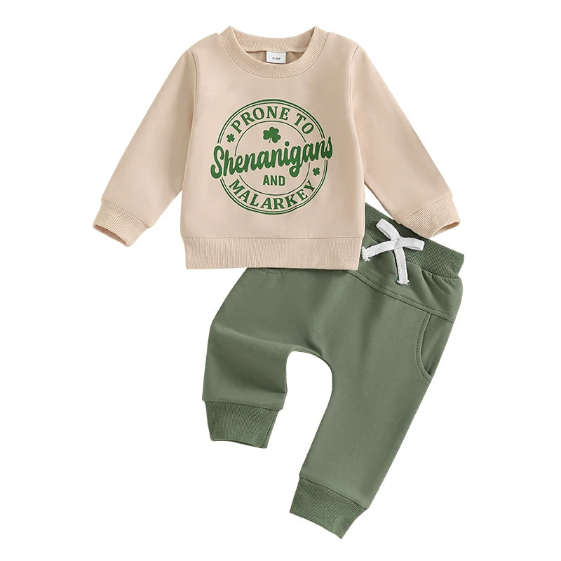 Baby Toddler Boys 2Pcs Prone To Shenanigans and Malarkey Clothes Set Long Sleeve O-Neck Letters Shamrock Print Top with Elastic Waist Jogger Pants Outfit