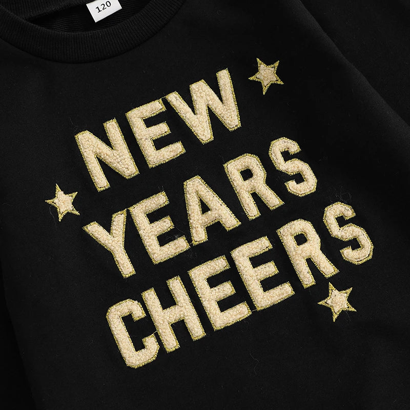 Toddler Kids Girl 2Pcs New Years Cheers Skirt Outfit Letter Embroidery Long Sleeve Top Glitter Star Print Tulle Skirt Clothing Set