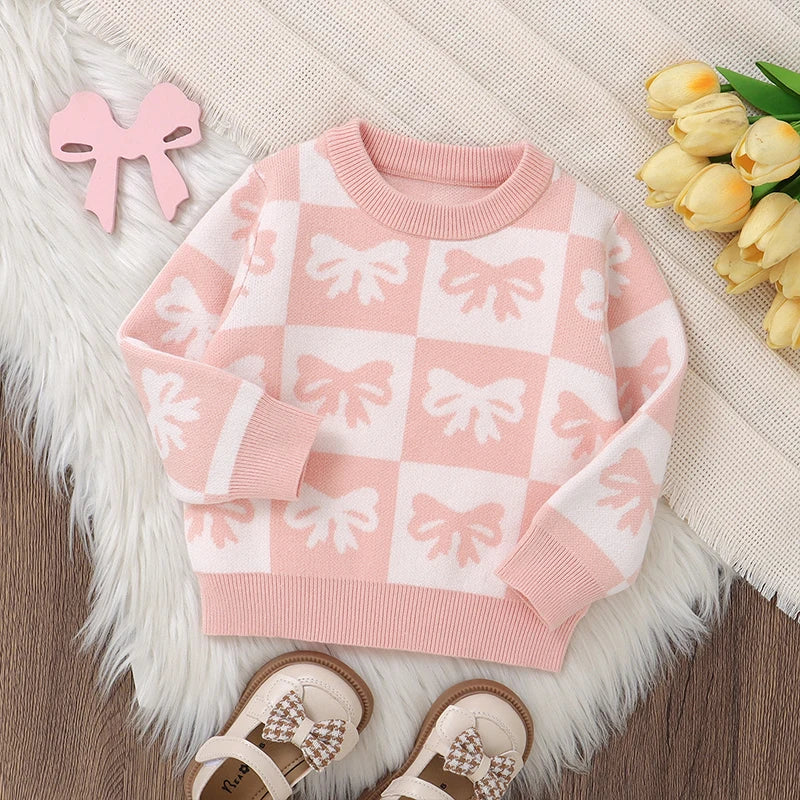 Baby Toddler Girls Sweater Bow Print Contrast Color Checkered Crew Neck Long Sleeve Baby Pullover Fall Top