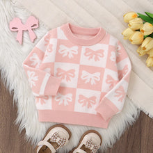 Load image into Gallery viewer, Baby Toddler Girls Sweater Bow Print Contrast Color Checkered Crew Neck Long Sleeve Baby Pullover Fall Top
