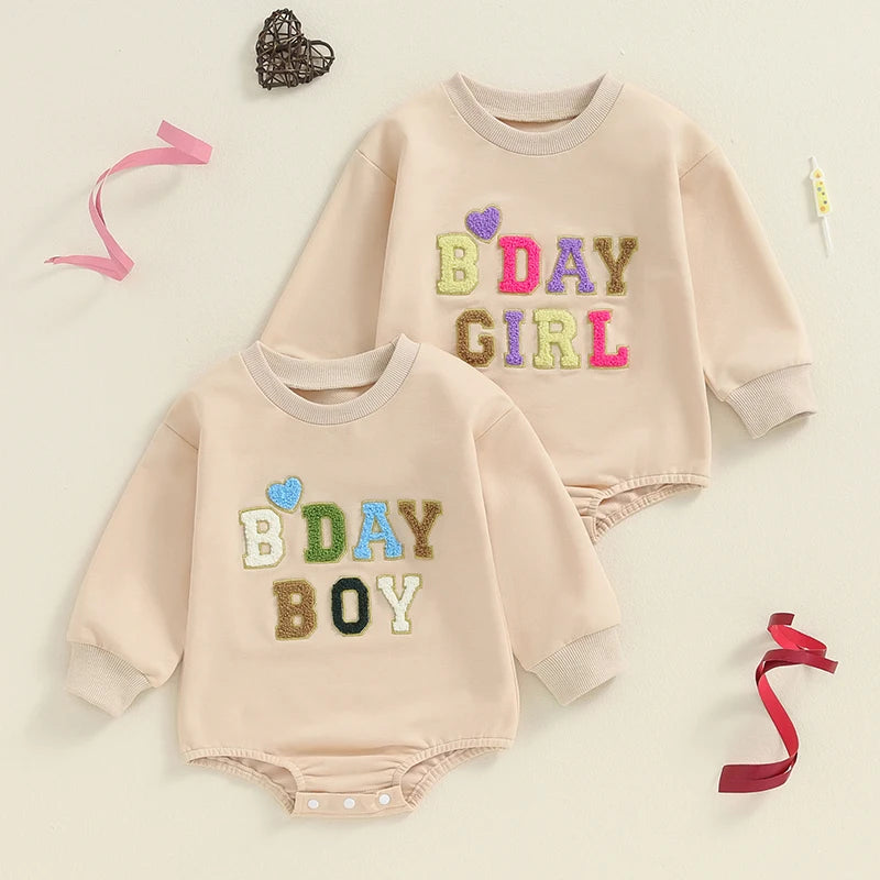 Baby Girl Boy BDAY GIRL / BOY Birthday Romper First Birthday Long Sleeve Round Neck Letter Embroidery Bodysuit Playsuit