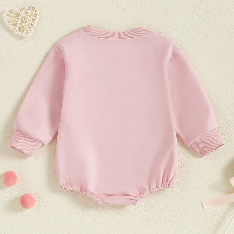 Baby Girl XOXO Bubble Romper Valentine's Day Letter Heart Embroidered Long Sleeve Valentines Jumpsuit