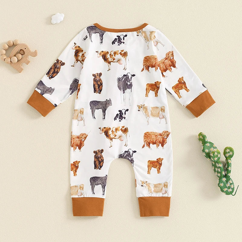 Baby Boys Girls Jumpsuit Long Sleeve Highland Cow Horse Print Fall Zipper Romper