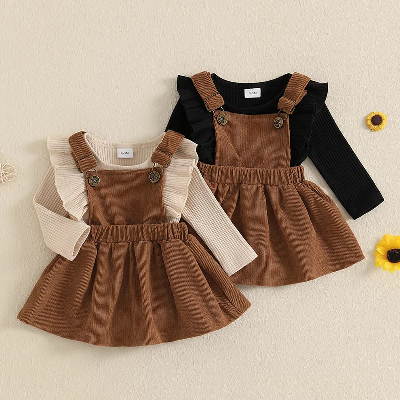 Baby Girl 2Pcs Fall Outfit Solid Ruffled Long Sleeve Crew Neck Romper with Corduroy Suspender Skirt 2Pcs Set