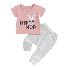 Load image into Gallery viewer, Baby Toddler Girl 2Pcs Easter Outfits Hip Hip Letter Rabbit Sunglasses Print Short Sleeve Top and Elastic Waist Long Pants Clothes Set
