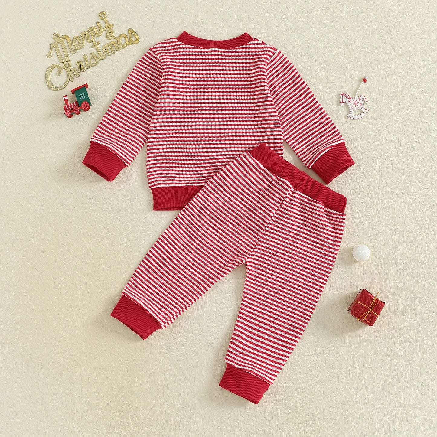 Baby Toddler Boys Girls 2Pcs Christmas Outfit Reindeer Embroidery Stripe Long Sleeve Round Neck Pullover Top + Elastic Waist Long Pants Jogger Set