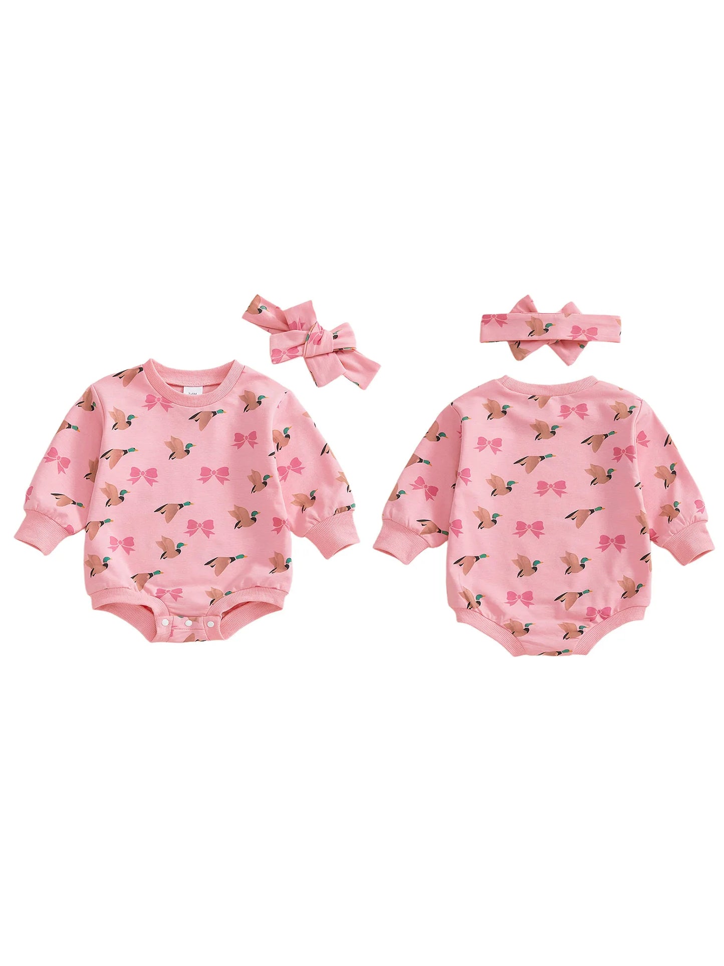Baby Girls 2Pcs Romper Round Neck Duck and Bow Print Long Sleeve Jumpsuit with Headband Set