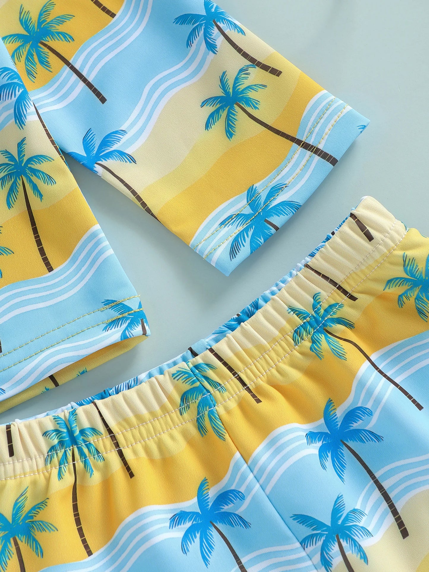 Baby Toddler Boys 3Pcs Rash Guard Swimsuit Set Palm Tree Print Long Sleeve Round Neck Top and Shorts Hat Set