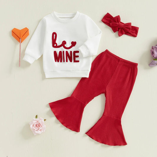 Baby Toddler Girls 3Pcs Valentine's Day Outfit Long Sleeve Embroidery Be Mine Letter Crewneck Top with Flare Pants and Headband Outfit Valentines Set