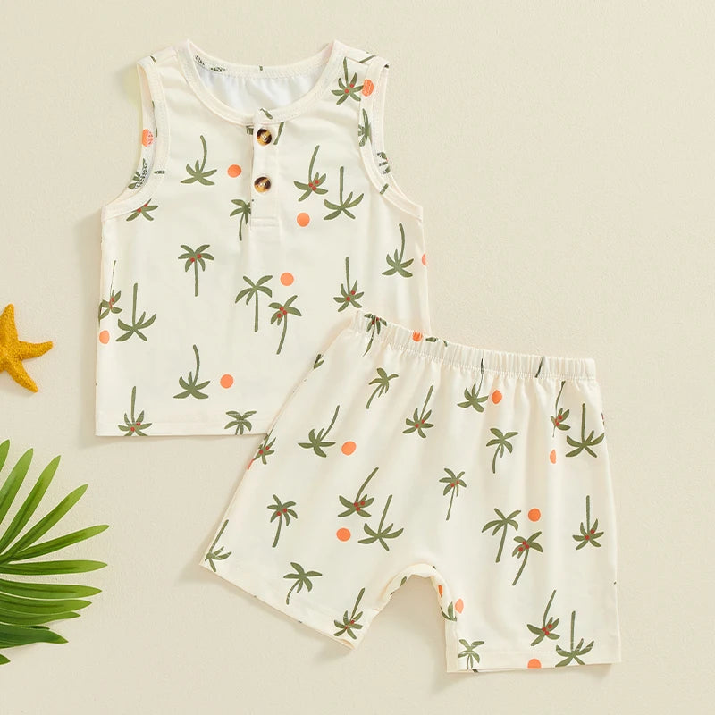 Baby Toddler Boys Girls 2Pcs Outfit Sleeveless Palm Tree Print Tank Top + Shorts Set