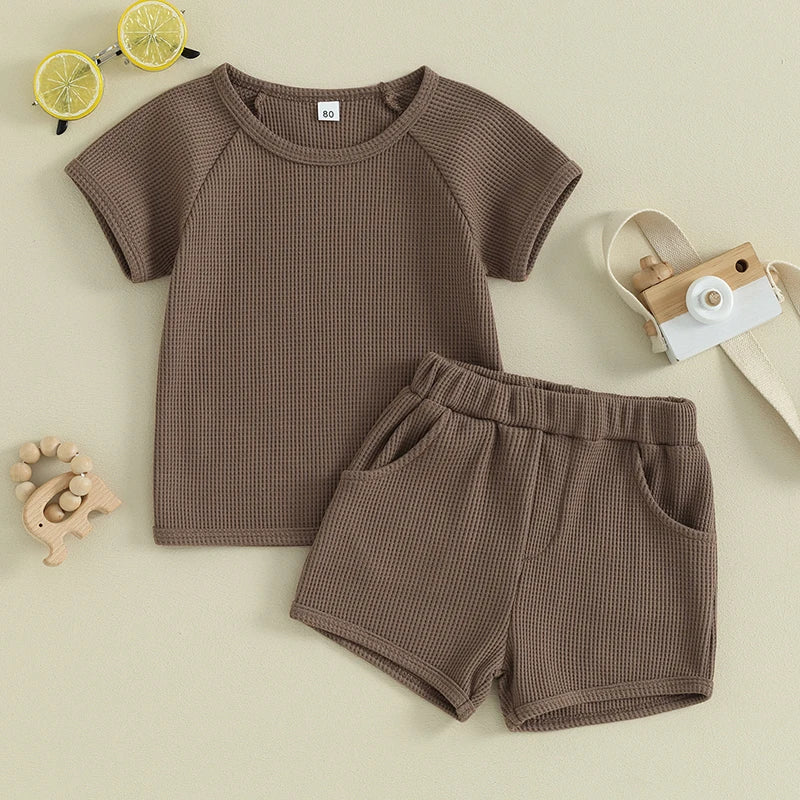 Baby Toddler Kids Boys Girls 2Pcs Set Waffle Solid Short Sleeve Top with Elastic Waist Shorts Summer Outfit