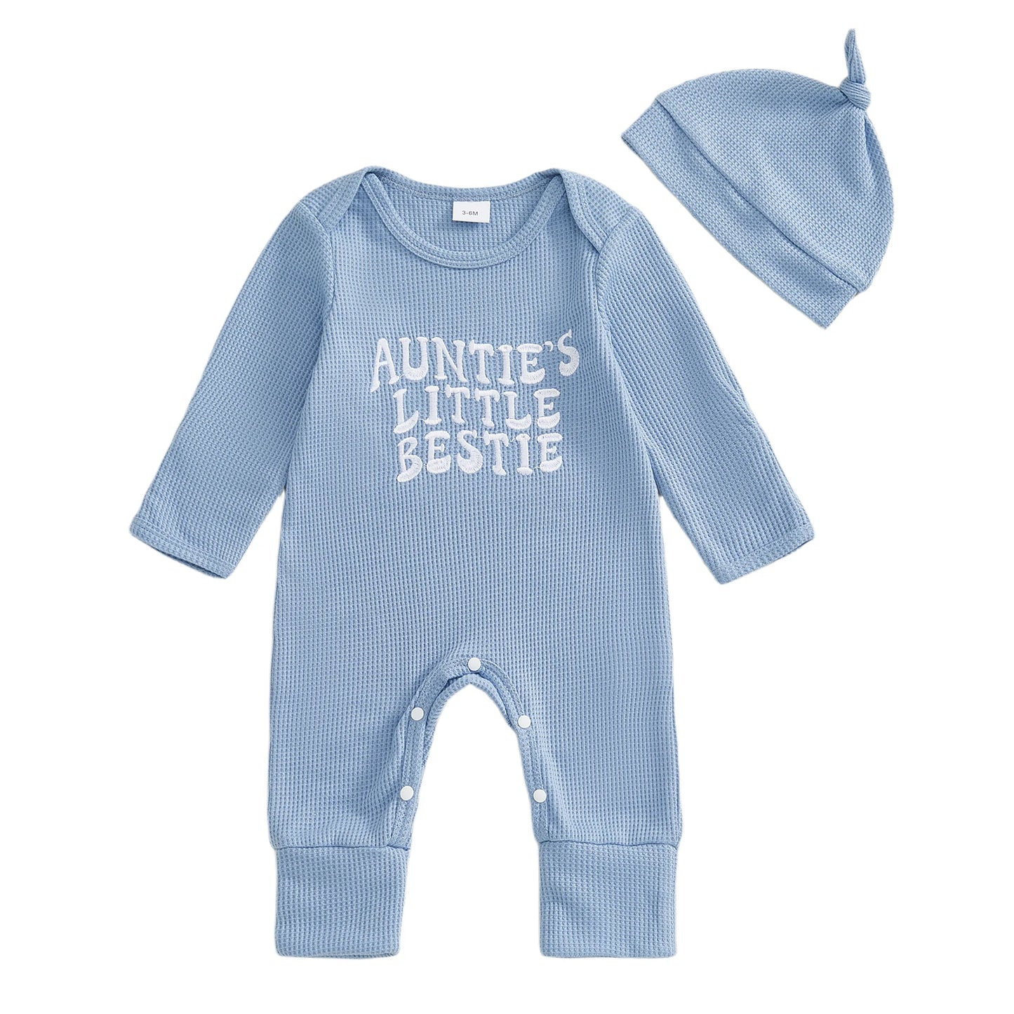 Baby Boys Girls 2Pcs Auntie's Little Bestie Fall Outfits Long Sleeve Letter Embroidery Jumpsuit with Hat Set Clothes