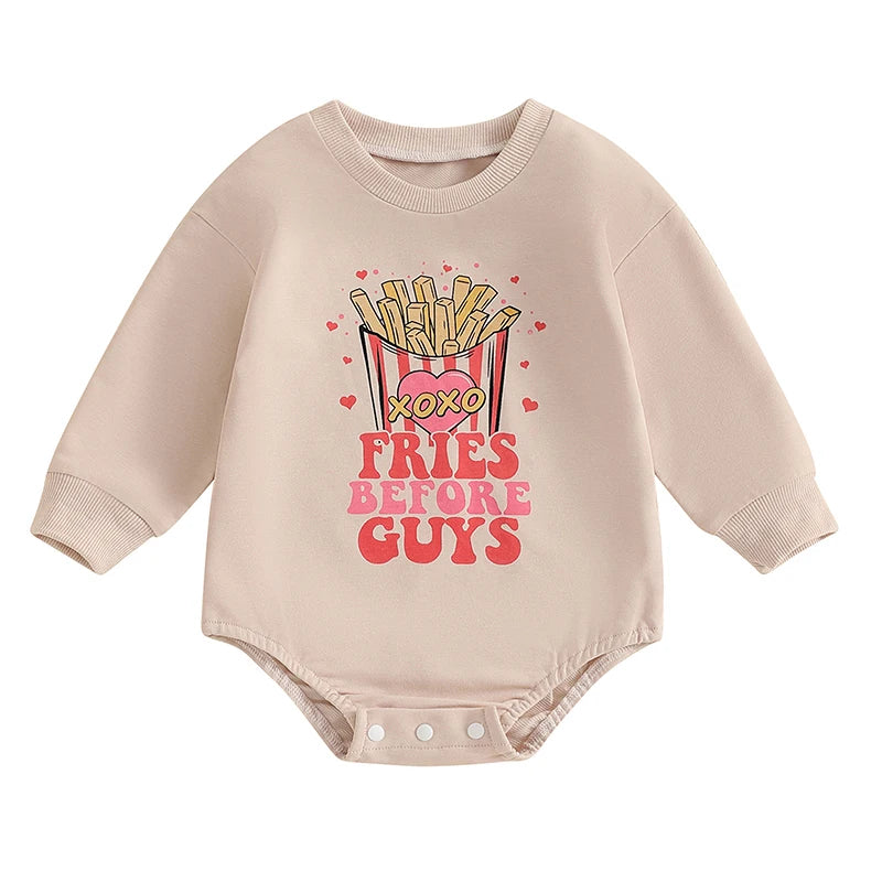 Baby Girls Fries Before Guys Valentine’s Day Romper Long Sleeve Round Neck French Fries Print Jumpsuit Valentines