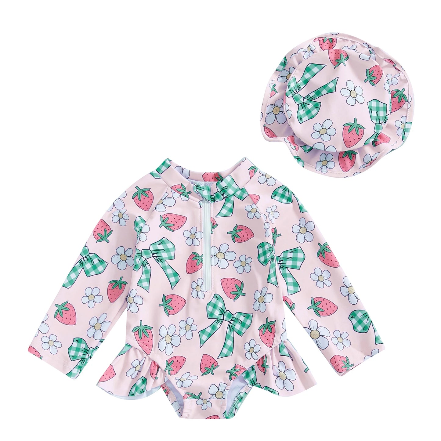 Baby Toddler Girls 2Pcs Rash Guard Swimsuit with Hat Bow Floral Print Zip Up Long Sleeve Crew Neck Swimwear Bathing Suit Set