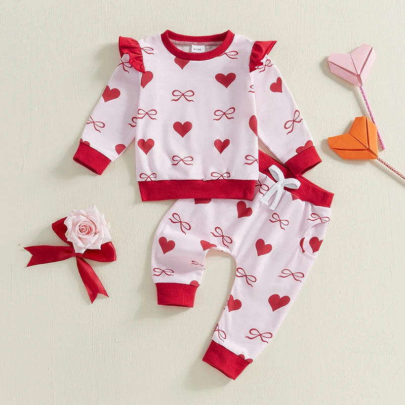 Baby Toddler Girls 2Pcs Valentine's Day Outfit Bow Heart Print Ruffle Long Sleeve Top and Elastic Jogger Pants Valentines Set