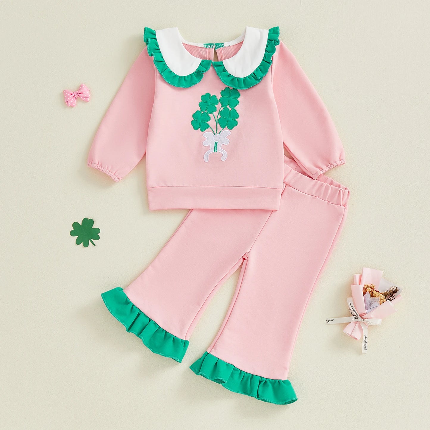 Baby Toddler Girl 2Pcs Spring Outfit Clover Bow Embroidered Doll Collar Top and Flare Pants 2 Piece Set